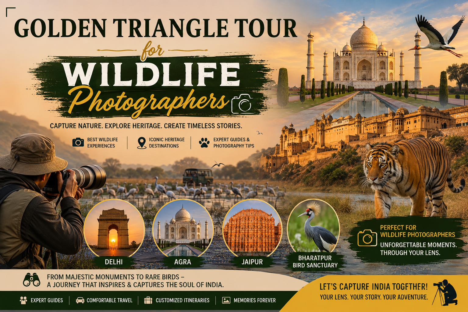 Golden Triangle Tour for Wildlife Photographers combines the cultural highlights of Delhi, Agra, and Jaipur with thrilling safari experiences in Ranthambore or Bharatpur, creating a perfect itinerary for capturing both architecture and wildlife.